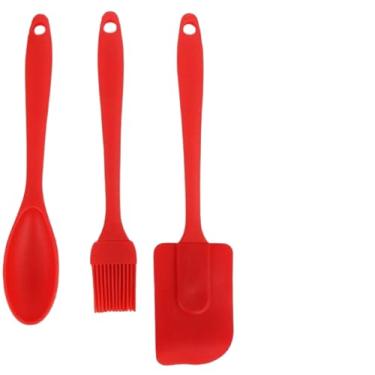 Imagem de Kit Confeiteiro Culinária 3 Peças Pincel + Espátula Em Silicone e Colher (Vermelho)