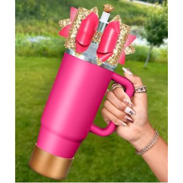Imagem de Toykee Topper Bow Straw Topper with Cup Bootfor Stanley 40 850 g - Tampas de cobertura de diamante e laço rosa dourado com protetor inferior, conjuntos de 3 peças para acessórios de copo