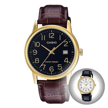 Imagem de Relógio de Pulso Casio Social Masculino Dourado Pulseira de Couro Preto Marrom Resistente Água MTP-V002GL