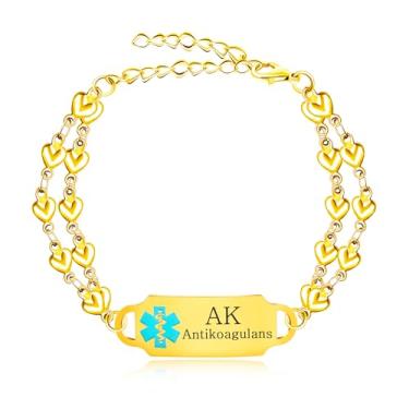 Imagem de JunyiDIY Pulseira feminina de alerta médico, pulseira de emergência médica de aço inoxidável banhada a ouro com identificação de segurança de saúde de camada dupla à prova d'água para mulheres YA5200,