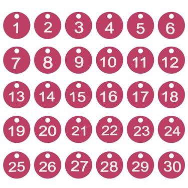 Imagem de PATIKIL 1-30 etiquetas numeradas de plástico redondo numerado identificação identificação chave pendurar etiqueta para chaveiro de dormitório caixa de armário de academia, rosa vermelha com texto