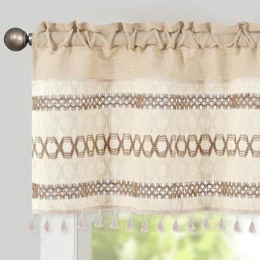 Imagem de FRAMICS Farmhouse Valance para janelas saia de linho para cozinha boho crochê cortina curta com borla country cortina de cozinha filtro de luz haste bolso tratamento de janela para banheiro, 1 painel