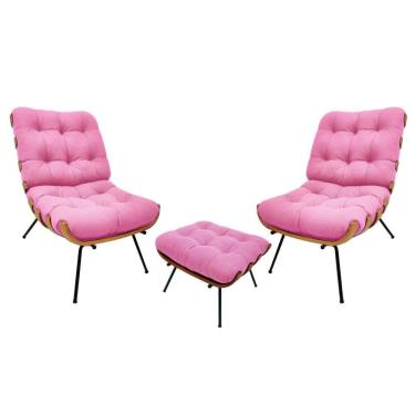 Imagem de Kit 2 Poltronas Com Puff Decorativos Costela Suede Rosa