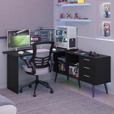 Imagem de Mesa para Computador Gamer em L 3 Gavetas Preto Lisboa Madesa