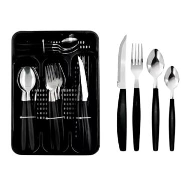 Imagem de Jogo De Talheres Preto 25 Peças em Aço Inox Completo - Conjunto Inclui 6 Colheres de Mesa, 6 Colher de Chá, 6 Garfos, 6 Facas e 1 Porta Talher