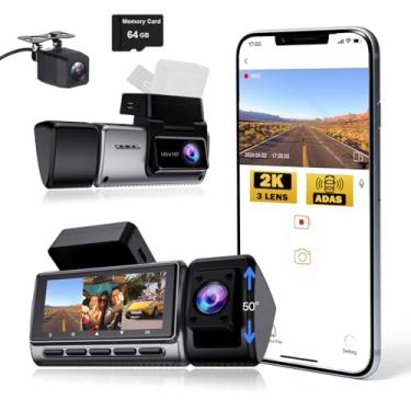 Imagem de Câmera veicular de 3 canais 2K para carros, câmera frontal e traseira, aplicativo WiFi embutido, ADAS BSD com navegação GPS, DVR de carro com visão noturna infravermelha, gravador de vídeo panorâmico