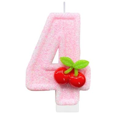 Imagem de Velas de aniversário de cereja, vela número 4 para bolo, decoração de festa de aniversário, enfeite de bolo, enfeite de cupcake para decoração de festa