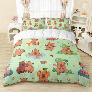 Imagem de AILONEN Conjunto de capa de edredom Kawaii capivara, tamanho casal, desenho animado para meninos e meninas, capivara, para crianças, adolescentes, conjunto de capa de edredom verde grama, 1 capa de