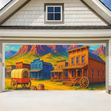 Imagem de ANNA QUEEN Banner de porta de garagem Wild West Town 15 x 3 m, cena de rua colorida do velho oeste com pano de fundo de carroça, decoração de garagem ao ar livre para festas, decoração de casa