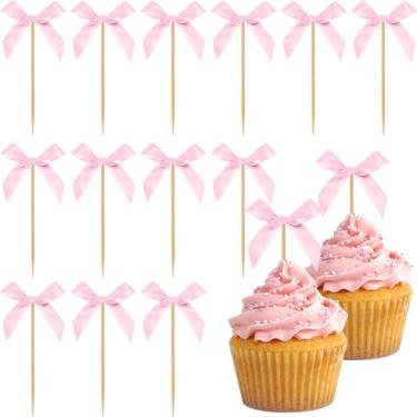 Imagem de Topos de cupcake de laço rosa, 40 peças de enfeite de bolo de laço, decorações de aniversário, palitos de cupcake para decoração de festa temática de coquete, despedida de solteira, noiva, noivado