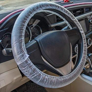 Imagem de Capa de volante descartável de 100 peças, capas de volante de carro transparentes de plástico universal com acabamentos elásticos, perfeitas para serviços automotivos, trocas de óleo, oficinas