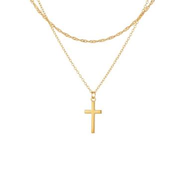 Imagem de HUGLINK Colar com cruz para mulheres, banhado a ouro real 14 K, pingente pequeno, fofo, simples, pequeno, moderno, cesta de Páscoa, joia religiosa, presente para mãe e esposa (conjunto de colar e