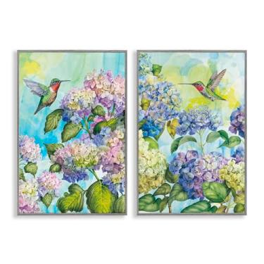 Imagem de Stupell Industries Conjunto de arte giclée emoldurado cinza de beija-flores e hortênsias por Tim Coffey, 45,7 x 30,5 cm