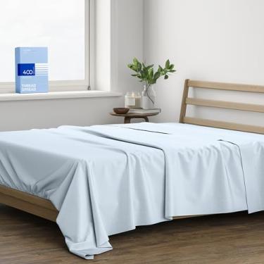 Imagem de THREAD SPREAD Lençol de cima 100% algodão tamanho casal – lençol de cima completo de 400 fios (1 peça, azul claro), macio, sedoso, respirável, refrescante, tecido de cetim, lençóis de cima de