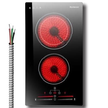 Imagem de Karienvir Fogão elétrico de 2 bocas 220 V-240 V, fogão elétrico de 30 cm embutido, controle deslizante de 9 níveis de potência, fogão elétrico com temporizador, trava de segurança, zona estendida