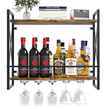 Imagem de Dokser Rack de vinho montado na parede 2 níveis, rack de vinho de parede com madeira rústica e moldura de ferro industrial, suporte de garrafa de vinho para cozinha, sala de jantar, decoração de bar