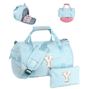 Imagem de Vogewood Presente para crianças de 3, 4, 5, 6, 7, 8, 9, 10, 11 e 12 anos, bolsa de ginástica, bolsa de viagem inicial com bolsa de maquiagem, Azul liso, Y