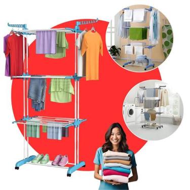 Imagem de Varal de Chão Dobrável 3 Andares Vertical Inox Grande com 6 Prateleira