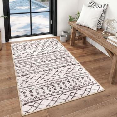 Imagem de KUTA Tapete de entrada de 7,5 x 12,5 cm, marrom, antiderrapante, lavável, boho, marroquino, marroquino, tapete para sala de estar, ultramacio, estampa geométrica envelhecida para entrada, quarto