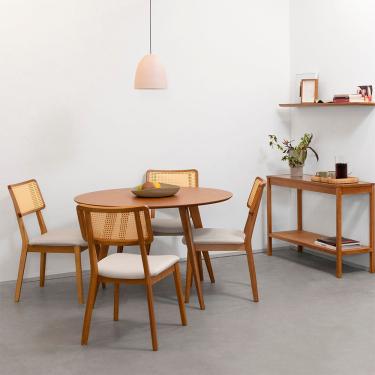 Imagem de Conjunto Mesa de Jantar Square Laminada Redonda Natural - 1,08m + 4 Cadeiras Lalá Encosto Palha Creme - Cru