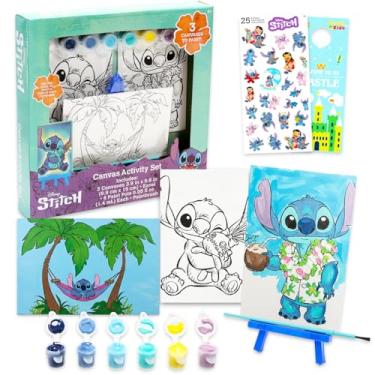 Imagem de Disney Conjunto de pintura Stitch para meninas, conjunto de materiais de arte com 3 telas, cavalete, adesivos de tinta Plus, mais | Lilo and Stitch artes e artesanato presentes para crianças