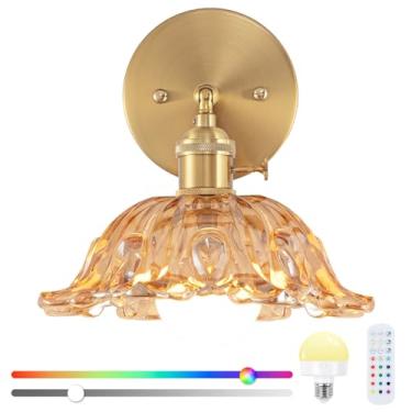 Imagem de EIDEARAY Arandela de parede vintage, arandela de parede operada por bateria com abajur de vidro âmbar, arandelas de parede internas não conectadas com controle remoto, lâmpada de parede vintage RGB