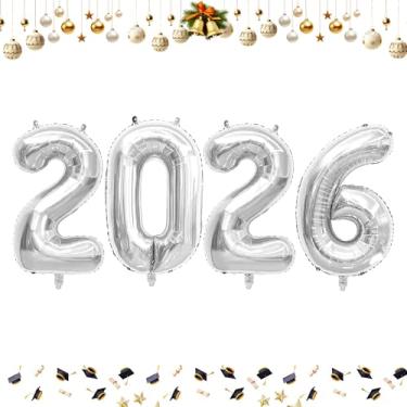 Imagem de Balões 2026 de 102 cm com números de folha prateada para celebração do festival de ano novo de 2026 ou decorações de artigos de festa de aniversário, balão de ano novo 2026, balão de véspera de ano