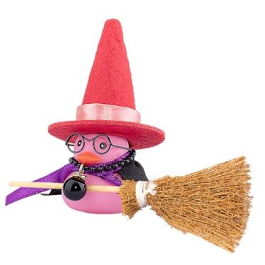 Imagem de wonuu Decoração de pato de borracha, ornamentos de carro, acessórios de decoração de painel de carro de pato com chapéu mágico, colar de vassoura e óculos de sol, rosa