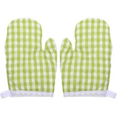 Imagem de 2 peças de luvas de forno infantis, luvas de cozinha de grade vermelha, luvas antiqueimaduras, micro-ondas para crianças pequenas, cozinhar, assar, churrasco, grelhar (verde)