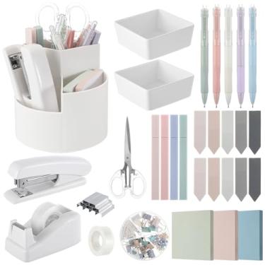 Imagem de Kosiz Acessórios de mesa preto e branco, organizador de mesa, material de escritório, neutro, suporte de caneta, grampeador, notas adesivas, clipes de papel, grampos de tesoura, acessórios estéticos