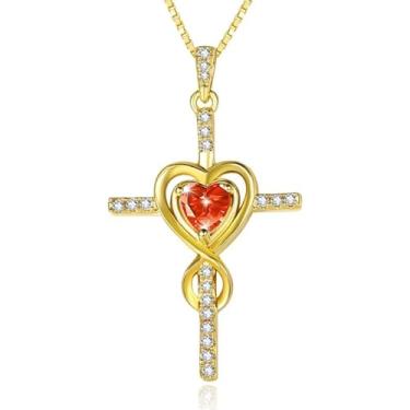 Imagem de CupidGift Colar de cruz para mulheres, banhado a ouro 14 K, pingente de pedra do mês de nascimento, pingente infinito de coração, joias religiosas, batismo cristão, fé, presentes de aniversário para