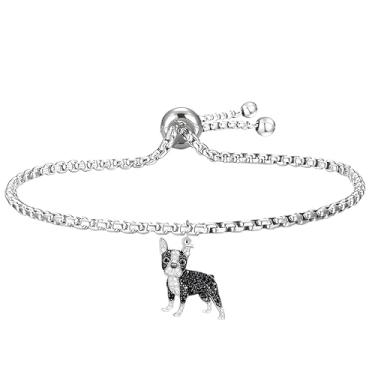 Imagem de Pulseira para amantes de cães – Pulseira ajustável para cães, corrente de 25 cm de comprimento, diferentes raças de cães, zircônia sintética preta e branca acentuada, Schnauzer, Pug, Corgi, Maltês e