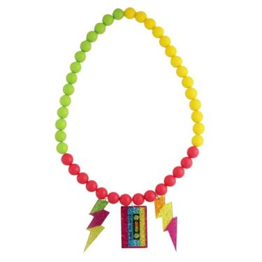 Imagem de Colar feminino dos anos 80 com pingente de cassete de relâmpago neon com contas brilhantes para festa dos anos 90, acessórios para fantasias, Adjustable, Acrílico, Sem Pedra Preciosa