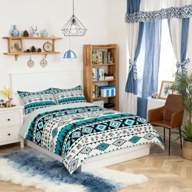 Imagem de Manfei Jogo de cama infantil geométrico asteca, tamanho king, conjunto de capa de edredom étnico tribal do sudoeste, capa de colcha de cabana rústica, bege retrô, 2 fronhas (sem edredom)