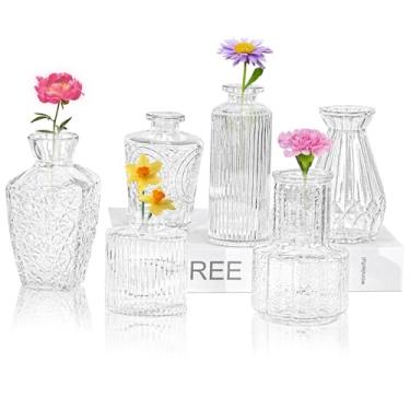 Imagem de Conjunto de 6 vasos de vidro, vaso de flores pequeno para decoração de mesas, mini vaso transparente vintage para casa, casamento, decoração de festa (6 peças, transparente)
