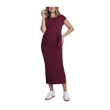 Imagem de Motherhood Maternity Vestido feminino de manga curta e gola redonda com detalhe de gravata lateral midi casual para gravidez, Porta Tawny, P
