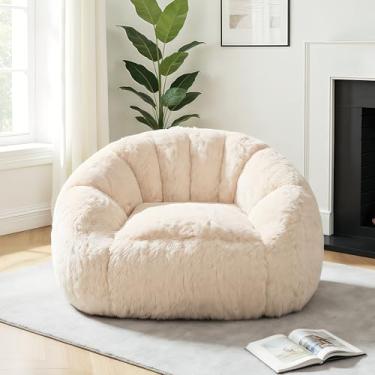 Imagem de CangLong Cadeira de pufe grande com enchimento, espreguiçadeira de pelúcia fofa para adultos, cadeira ergonômica de leitura para jogos, quarto, sala de estar, dormitório, jogo - damasco claro, suporte