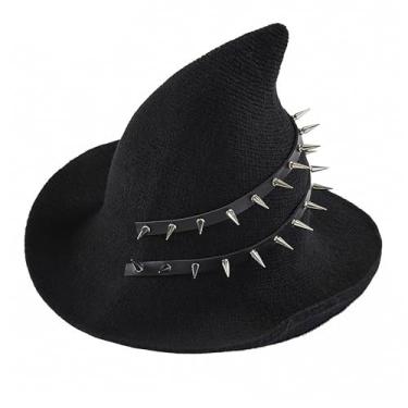 Imagem de Chapéu feminino de bruxa de Halloween de lã de aba curta, chapéu de bruxa punk metálico, boné pontiagudo, chapéu de feiticeiro gótico, acessório de lolita, fantasia, cosplay, baile de máscaras