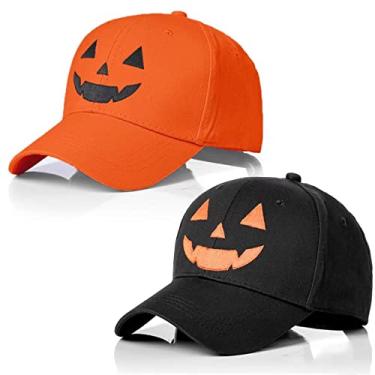 Imagem de HOMEGYMFREE 2 peças boné de beisebol unissex de Halloween bordado boné de beisebol Halloween abóbora rosto boné de beisebol ajustável engraçado chapéus de festa mulheres homens, Laranja + preto, M