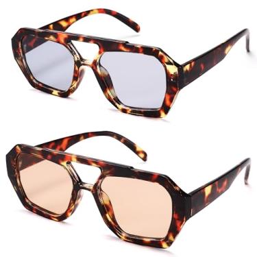 Imagem de Hycredi Óculos de sol aviador retrô para mulheres e homens, óculos de sol com armação grossa hexagonal, quadrados, ponte dupla, C5* Leopardo/Castanho Claro + Leopardo/Cinza Claro, M