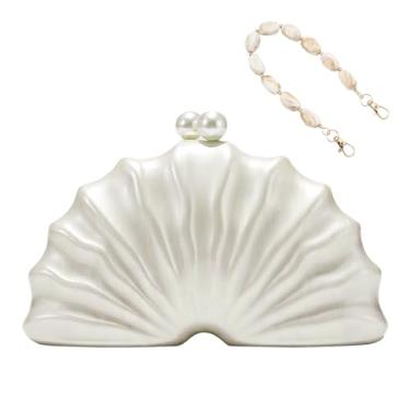 Imagem de Anopo Bolsa clutch de acrílico feminina colorida à noite, bolsa geométrica, marmorizada, com corrente removível, Concha branca pérola, One Size