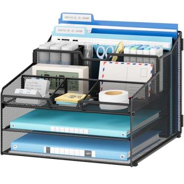Imagem de Lavatino Organizador de mesa – malha de metal com 2 bandejas de papel para cartas, 7 divisórias flexíveis, 2 suportes verticais de arquivo para escritório/casa/sala de aula, organizadores de mesa e