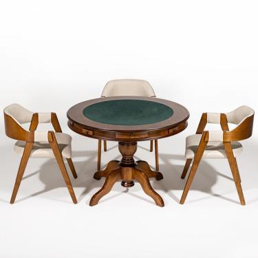 Imagem de Mesa de Jogos Redonda 140cm New Orleans M04 com 03 Cadeiras Estofadas Suran Linho Bege - Lyam Decor