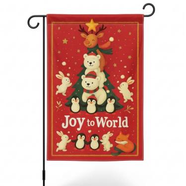 Imagem de Flagmeup8386 Joy to the World Bandeira de jardim de Natal dupla face 30 x 45 cm, rena, ursos polares, coelhos, pinguins, decoração festiva de jardim ao ar livre, decoração de casa pequena sazonal para
