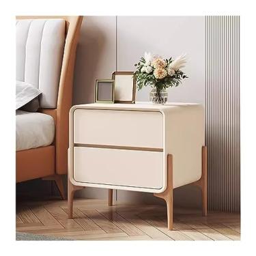 Imagem de Mesa de cabeceira minimalista, mesa de cabeceira pequena, armário de armazenamento de madeira maciça com gavetas duplas, mesa de cabeceira com bordas arredondadas de cor pura, mesa de cabeceira para