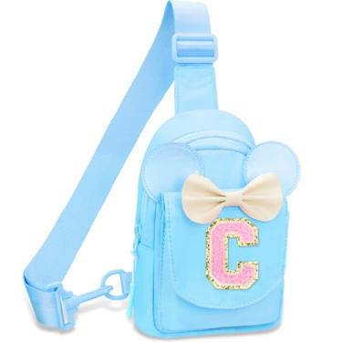 Imagem de Bolsa tiracolo para meninas – Bolsa tiracolo pequena com inicial para meninas, pochete infantil para viagens, Azul, C