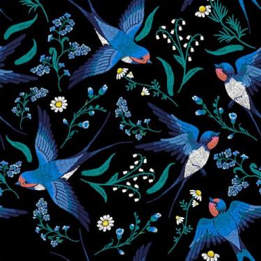 Imagem de VaryFloral Papel de parede floral pássaro azul marinho descasque e cole papel de parede de flor preta para casa decorativo pássaro papel de contato escuro para armários cobertura de parede de quarto