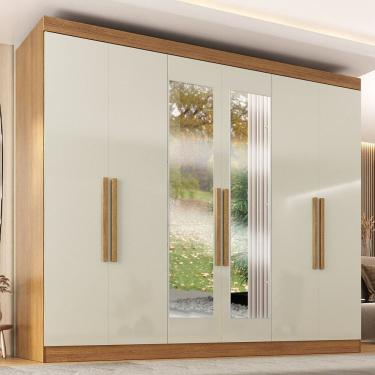 Imagem de Guarda-roupa 6 Portas com Puxadores Mdf 50 e Espelho Paris Cinamomo/Off White