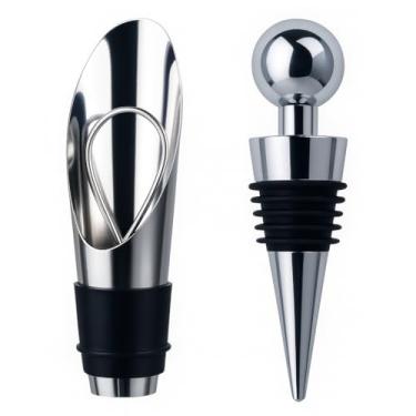 Imagem de Kit Rolha Vedante e Bico Dosador de Vinho em Aço Inox com Silicone – Tampa Reutilizável e Dosador Antigota para Garrafa de Vinho e Bebidas