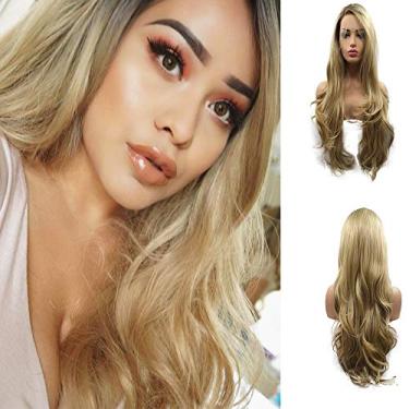 Imagem de Sylvia Peruca frontal de renda loira ombré com raízes escuras 61 cm perucas sintéticas onduladas naturais com abertura lateral meia mão amarrada à mão 180% densidade de fibra resistente ao calor